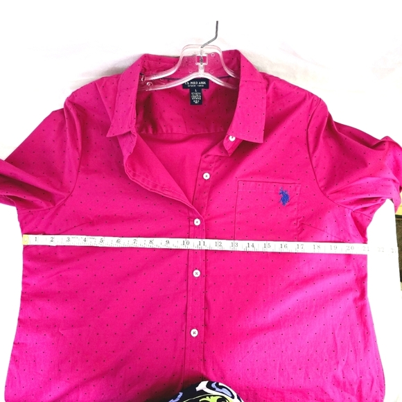 US Polo Lauren Women Sz L Classic Hot Pink Blue Long Sleeve Button Front Top - Picture 6 of 10